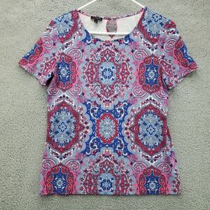Talbots Top Shirt Paisley Womens Medium Stretch Colorful Blue Pink